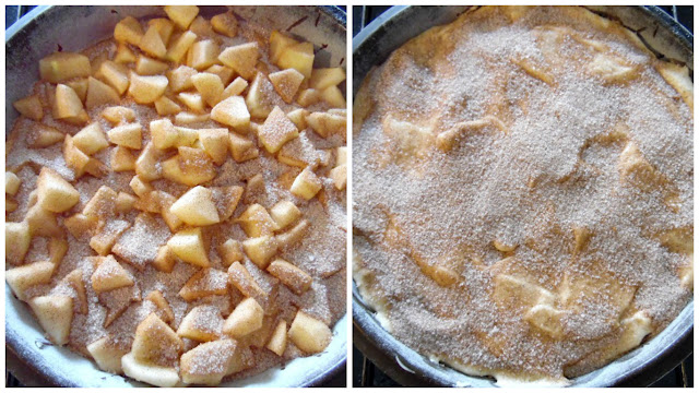 préparation du gâteau aux pommes en trois couches pâte, pommes et pâte