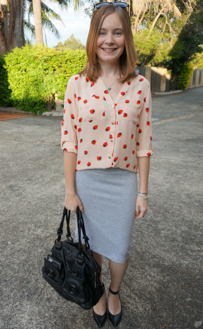 Choies pink strawberry print shirt grey marle jersey pencil skirt heels office wear