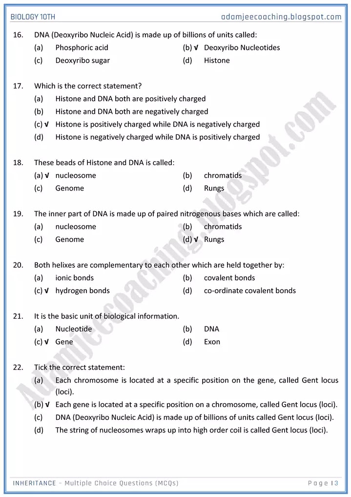 inheritance-mcqs-biology-10th