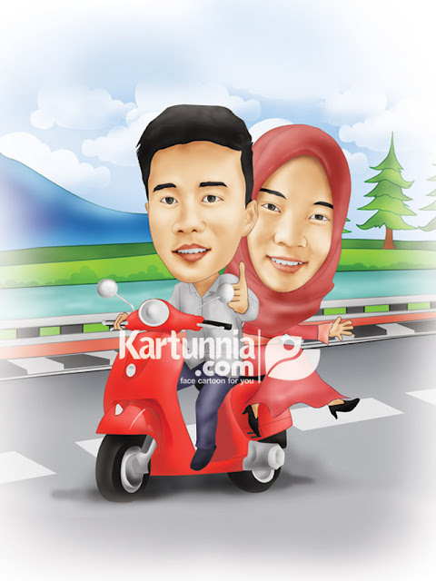 Karikatur couple naik vespa