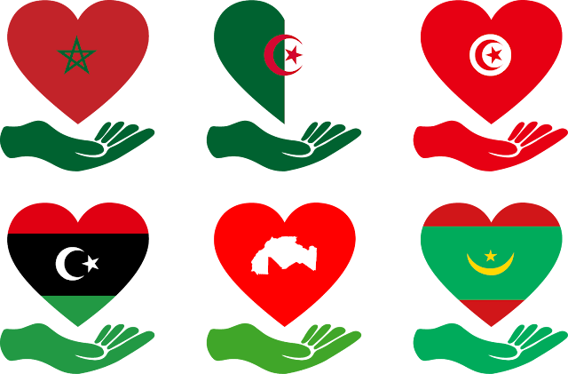 تحميل علم المغرب الجزائر تونس ليبيا موريتانيا على شكل قلب بيكتور مجانا download flags alittihad almaghribi svg eps png psd ai vector