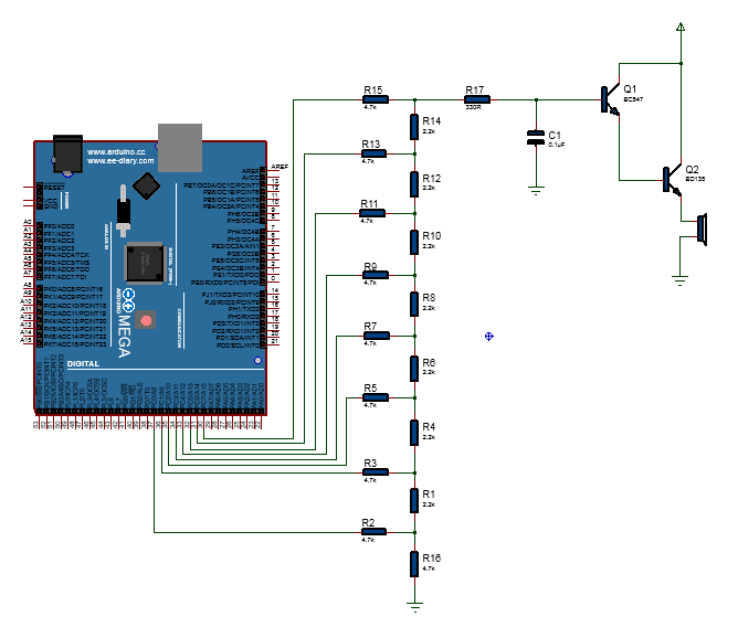 circuit diagram of Arduino,R2R DAC,transistor amplifier