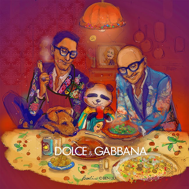 Dolce Gabbana by Ben Liu Benda, fashion illustration, D&G designers having traditional Italian supper with Panda Benda and Welsh Terrier, supper of BBQ Turkey chicken, meat balls, pasta and SanPellegrino Limonata, Benda taking selfie