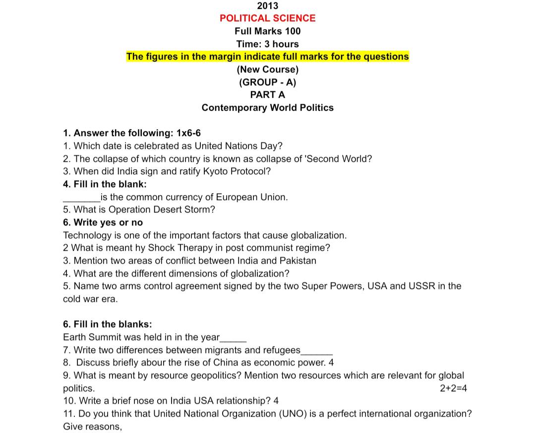 AHSEC Class 12 Political Science Questions Paper 2013 | HS 2nd Year Political Science 2013 Questions Paper