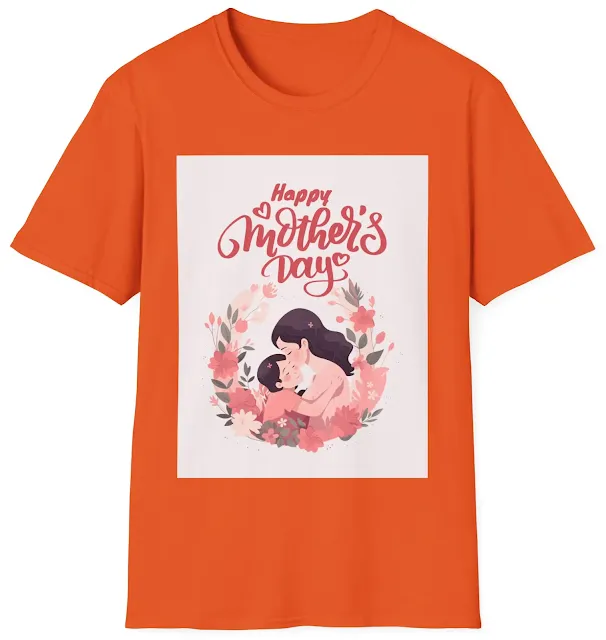 Unisex Softstyle T-Shirt With Pink Red Simple Feminine Flowers, Mother Kissing a Child, and Caption Happy Mother's Day