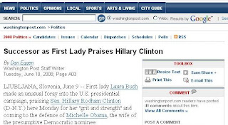Successor as First Lady Praises Hillary Clinton