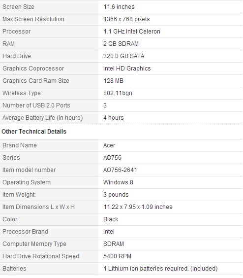 Acer Aspire One AO756-2641 details