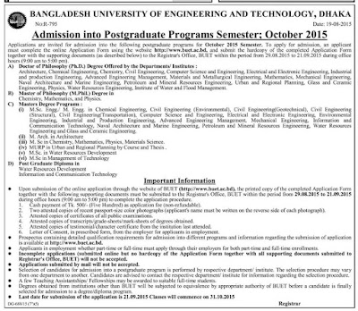 Admission Going On BUET Msc Program-2015