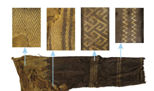 Twill weaving was used to produce alternating brown and off-white diagonal lines at the tops of the legs (far left) and dark brown stripes on the crotch piece on these ancient trousers from China's Tarim Basin (shown in part at the bottom) (second from left). Another thread manipulation technique allowed artisans to create a geometric pattern at the knees (second from right) and zigzag stripes at the ankles (far right). M. WAGNER et al./ASIA ARCHAEOLOGICAL RESEARCH 2022