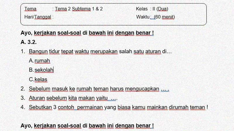 Soal Penilaian Kelas 2 Tema 2 Subtema 1 dan 2 + Kunci Jawaban