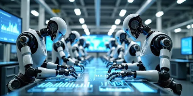 European AI developers, modern AI factory with robotic arms and digital screens