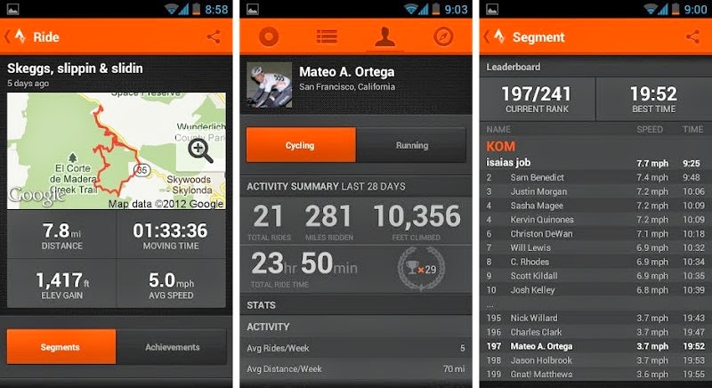 The multiple screens available using the Strava app