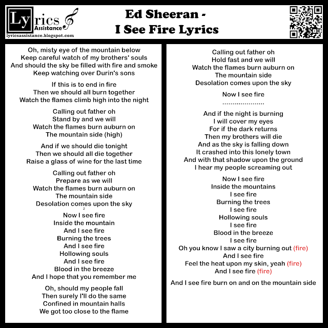 Ed Sheeran - I See Fire Lyrics | lyricsassistance.blogspot.com