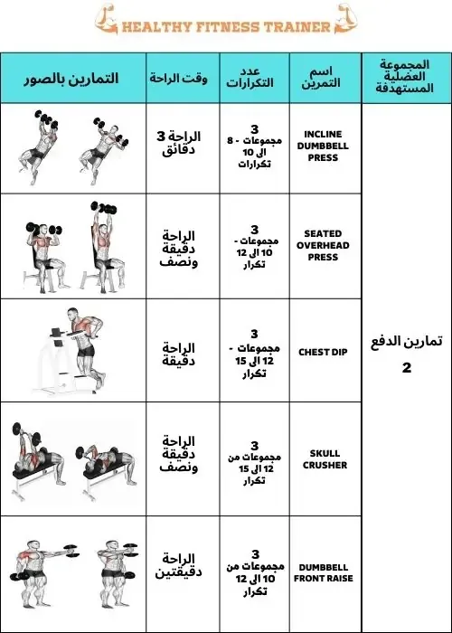 برنامج تدريب كمال اجسام 6 ايام للمتقدمين، تمارين الدفع 2