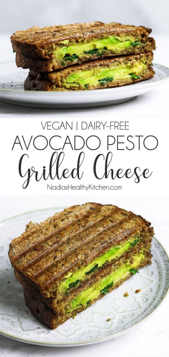 Vegan Avocado Pesto Grilled Cheese A grilled cheese sandwich with a twist. The twist being this vegan avocado pesto grilled cheese toastie is SO MUCH BETTER than a plain cheese toastie.