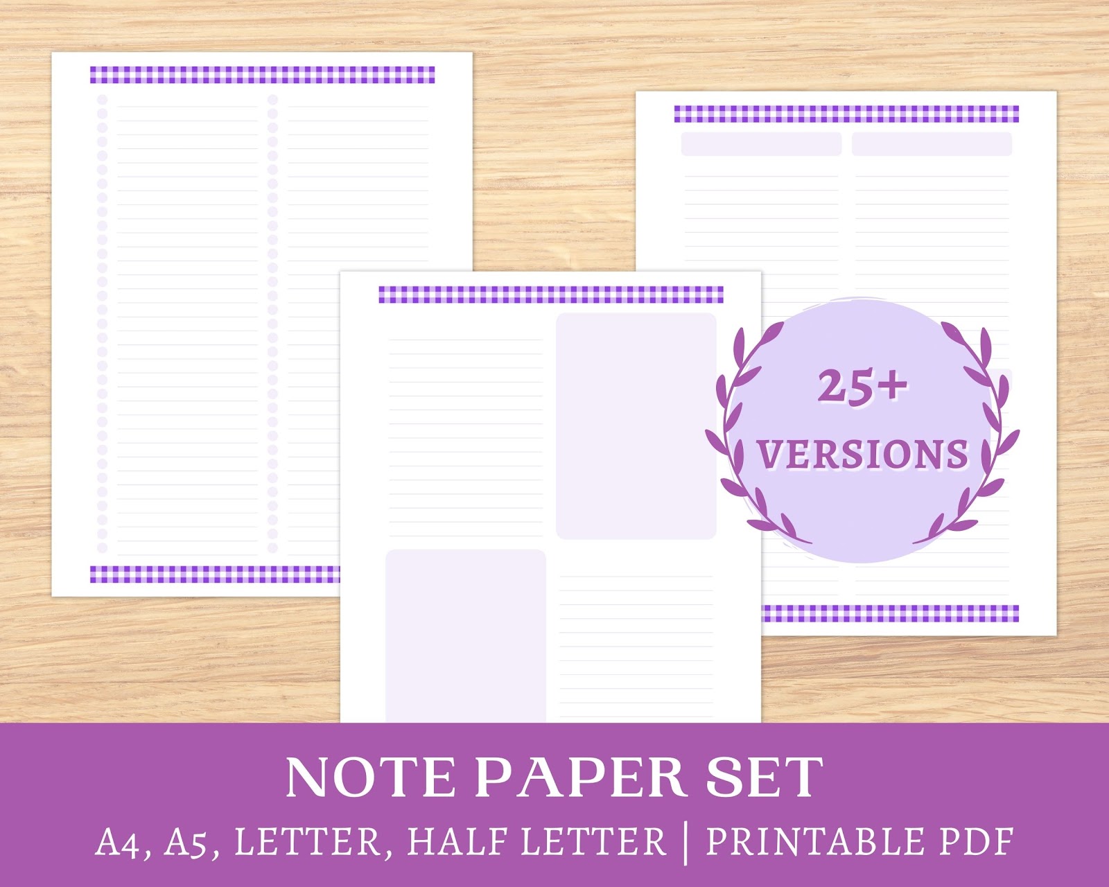 A purple gingham border design and soft purple lines and colour blocks feature in this set of blank pages