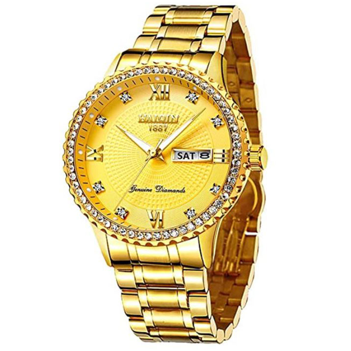 Mens Classic Diamond Gold Watches for Men Stainless Steel Waterproof Dress Watch Man Quartz Ana