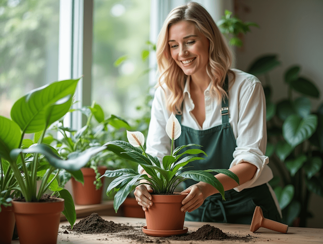 Smiling woman placing a Peace Lily into a new pot with fresh soil.