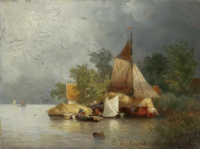 River landscape with barges painting Andreas Achenbach