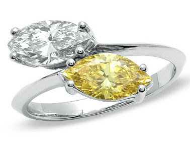 Marquise Enhanced Fancy Yellow and White Diamond Bypass Ring