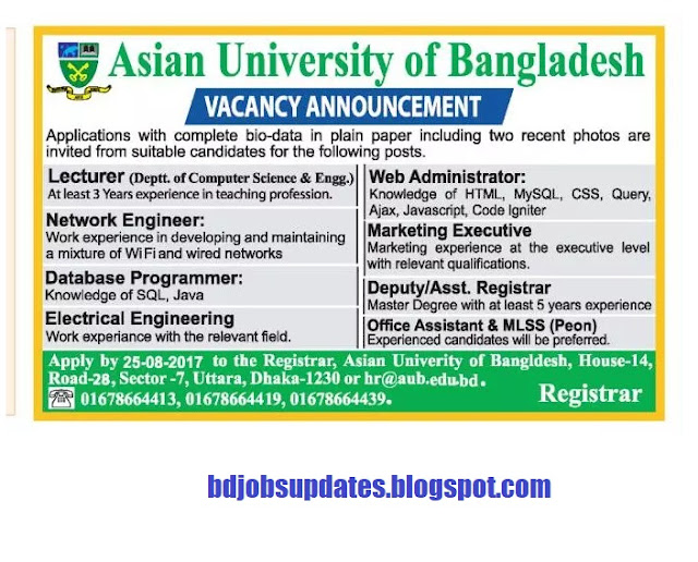 JOB OPPORTUNITY AT Asian University of Bangladesh 