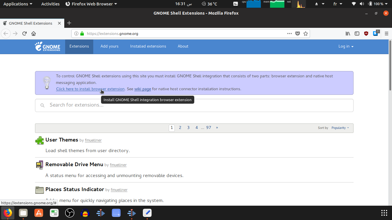Install the Gnome extensions website add-on
