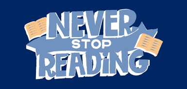 The words never stop reading in light blue and white lettering and two open books on dark blue background.