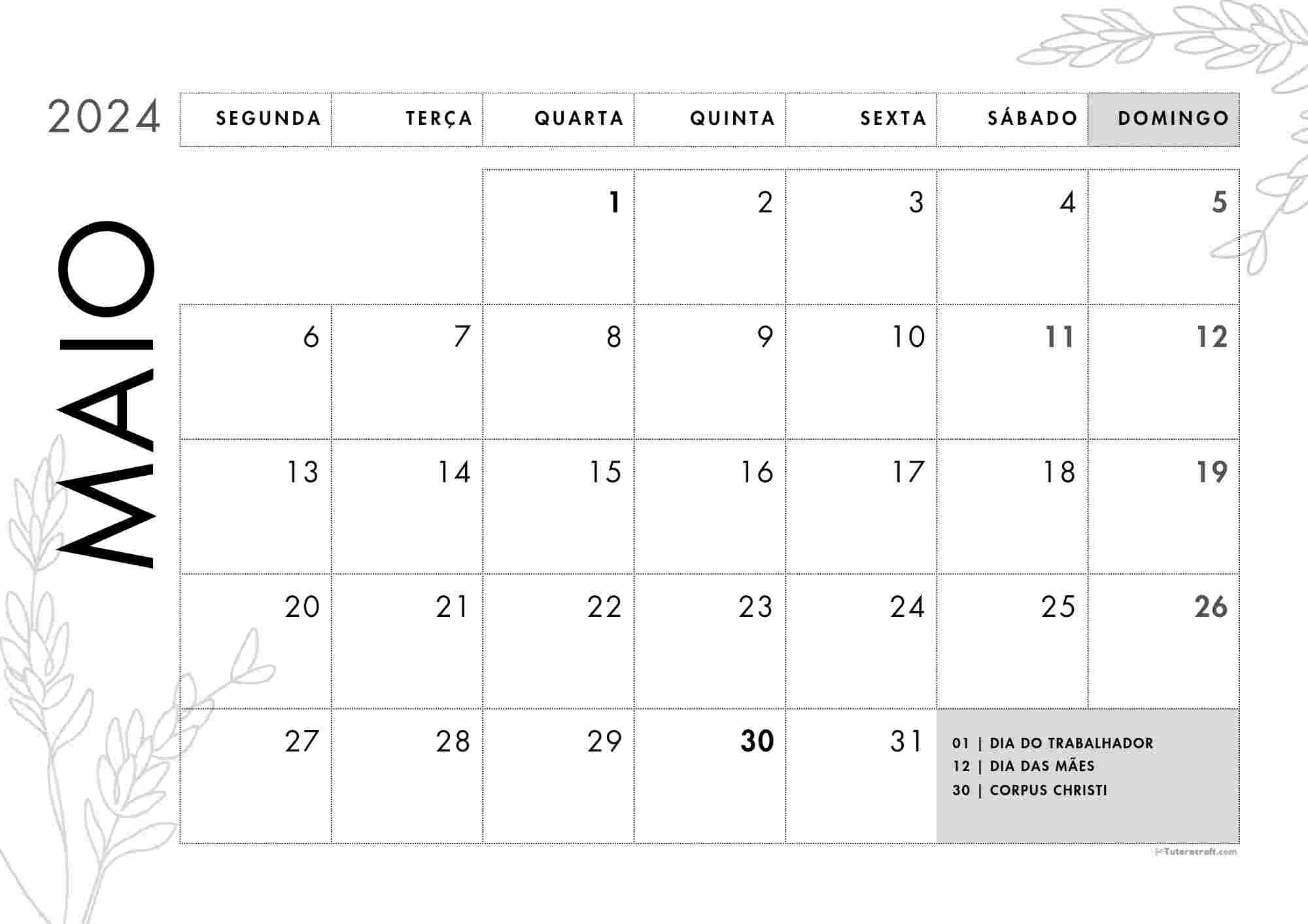 Calendário mensal maio 2024 para imprimir