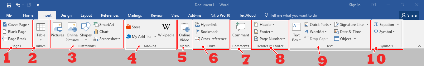 Menu bar Insert Microsoft Word 2016