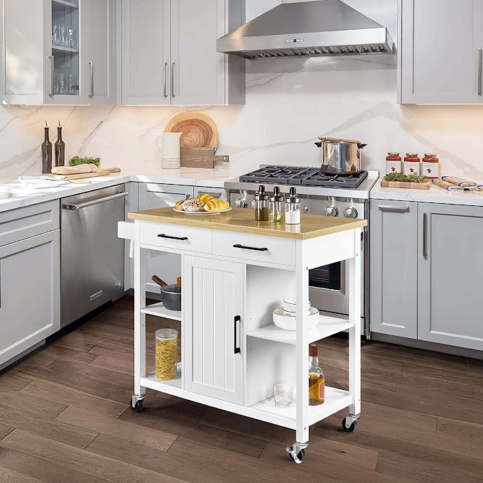 Yaheetech Kitchen Island on Lockable Wheels with 2 Storage Drawers & Bamboo Countertop, Kitchen Trolley Cart with Adjustable Shelves and Towel Bar, White