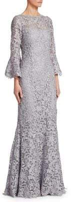 Teri Jon by Rickie Freeman Metallic Bell-Sleeve Lace Gown