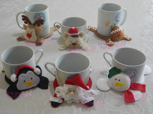 tapetinhos de caneca para o natal, tem papai noel, rena, pinguim, ursinho, boneco de neve e biscoito ginger.