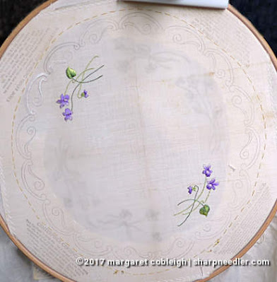 Society Silk Violets: first two motifs embroidered with antique silk floss