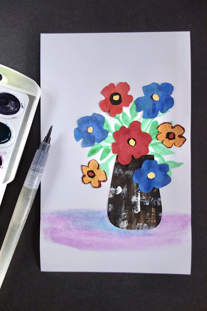 Andrea Nelson, Workshop Week, painted paper, floral collage, collage, watercolor, glue, brown paper bag, paper crafts, art journal, easy art project, blah to TADA, crafty recycling, photo by Claire Mercado-Obias, paint, paintbrush, paper flowers