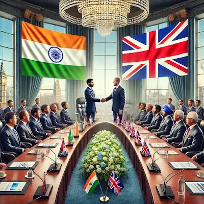 A realistic HD illustration of India-UK Free Trade Agreement negotiations, showing officials shaking hands with trade charts and flags in the background.