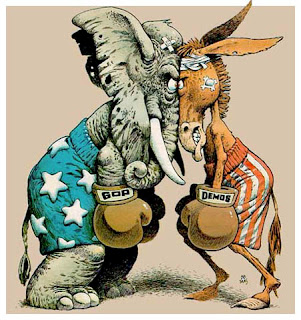 Cartoon elephant and donkey boxing