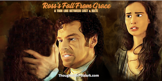 Ross Poldark grabs Elizabeth's face with anger and another image of Elizabeth staring ahead looking scared