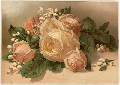 Image of a painting of white and pink roses with foliage against a cream-colored background.