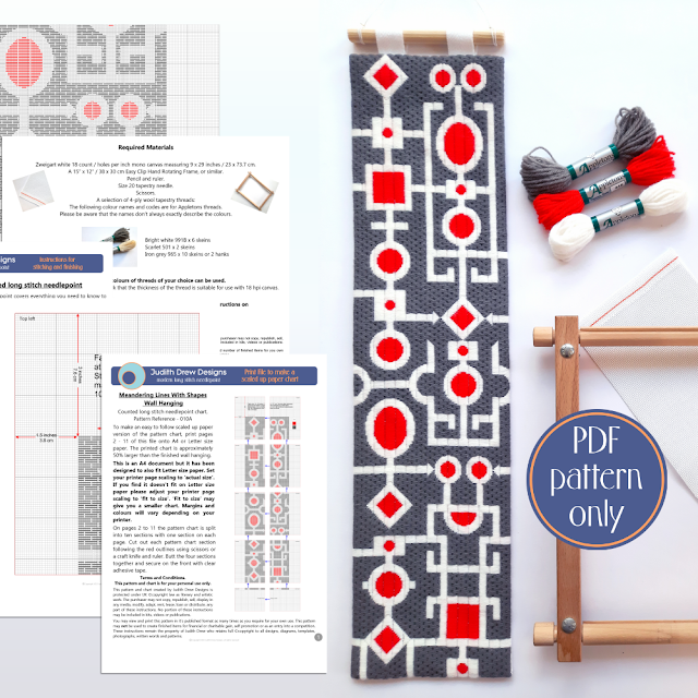 Judith Drew Designs Meandering Lines with Shapes needlepoint chart and instructions PDF.