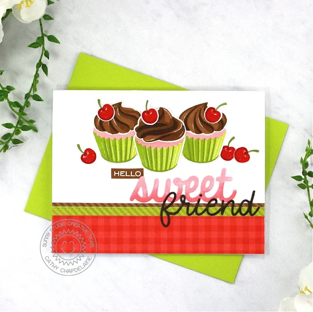 Sunny Studio Stamps: Scrumptious Cupcakes Card by Cathy Chapdelaine (featuring Ribbon & Lace Border Dies, Hayley Alphabet Dies)