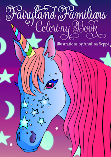 A coloring book of unicorns, gnomes and fairies / Värityskuva yksisarvisista, tontuista ja keijuista