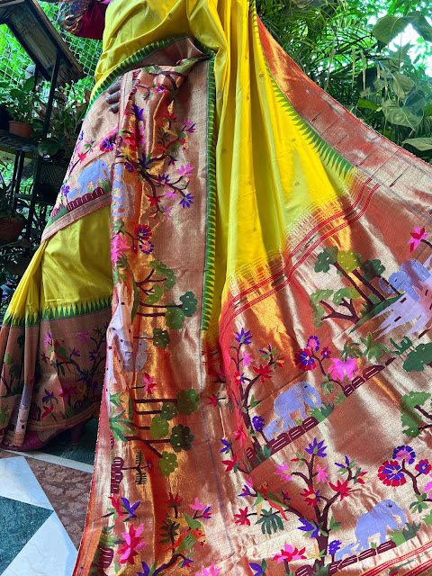 Silk paithani with brocade pallu and skirt border. A rare and gorgeous colour to find.