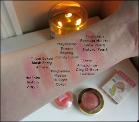 6 Blushes you need this spring: Maybelline Master Hi-Light - Coral Physicians Formula Mineral Glow Pearls - Natural Pearl thebalm Instain - Argyle Milani Baked Blush - Berry Amore Tarte Amazonian Clay - Fearless Maybelline Dream Bouncy Blush - Candy Coral  