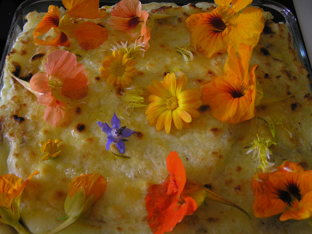 meat cake with edible flowers