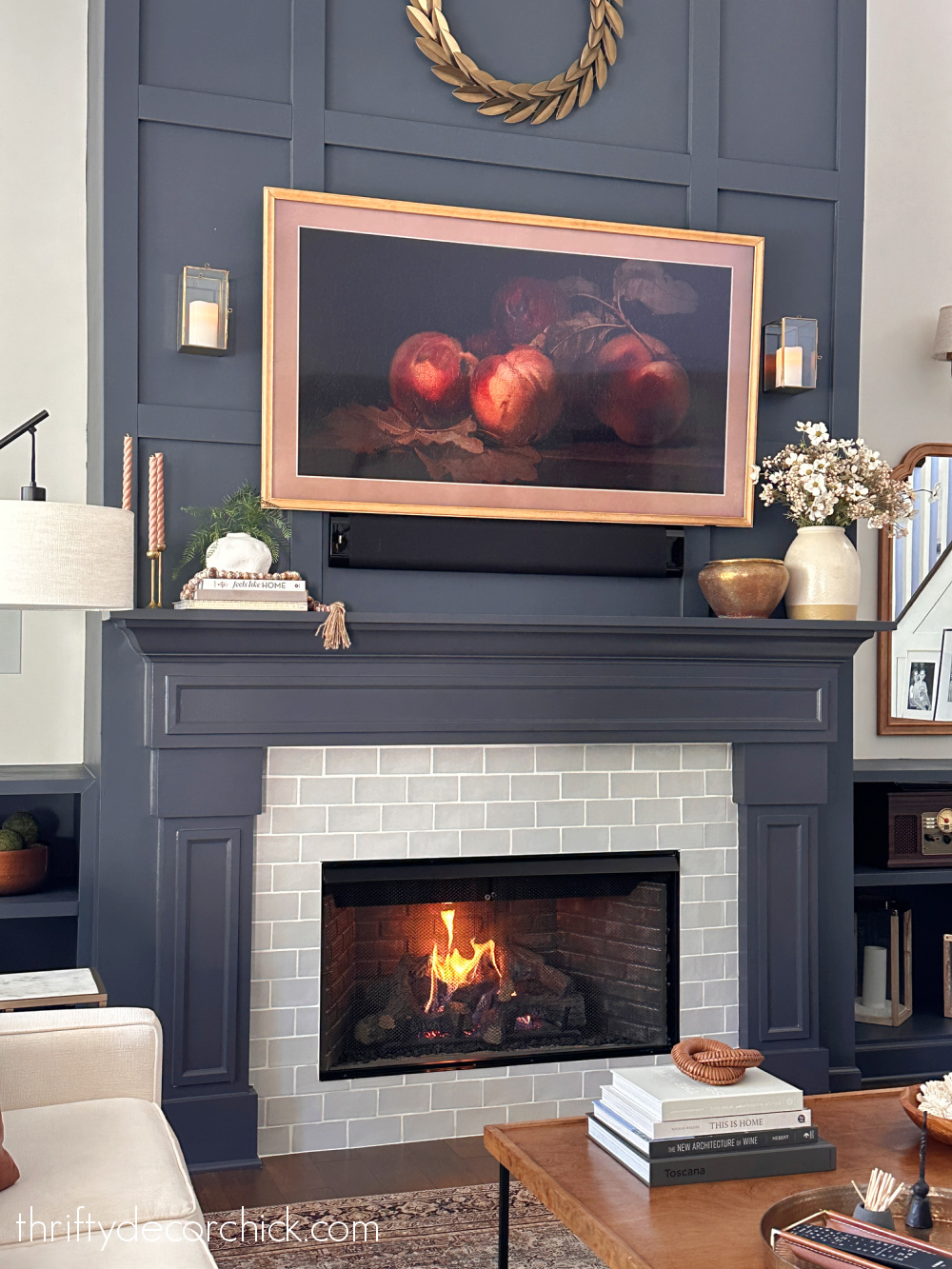 dark painted fireplace surround