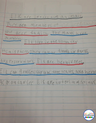 Finished student work example for expository writing with color coded sentences.