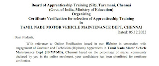 TNMVMD Apprentice Shortlisted Candidates for Certificate Verification 2022