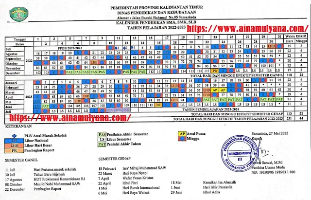 Kalender Pendidikan Tahun Pelajaran 2022/2023 Jenjang SMA SMK SLB Provinsi Kalimantan Timur