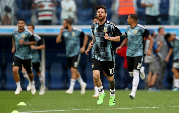 Lionel Messi of Argentina warms up prior to the 2018 FIFA World Cup Russia group D match between Nigeria and Argentina at Saint Petersburg Stadium on June 26, 2018 in Saint Petersburg, Russia.