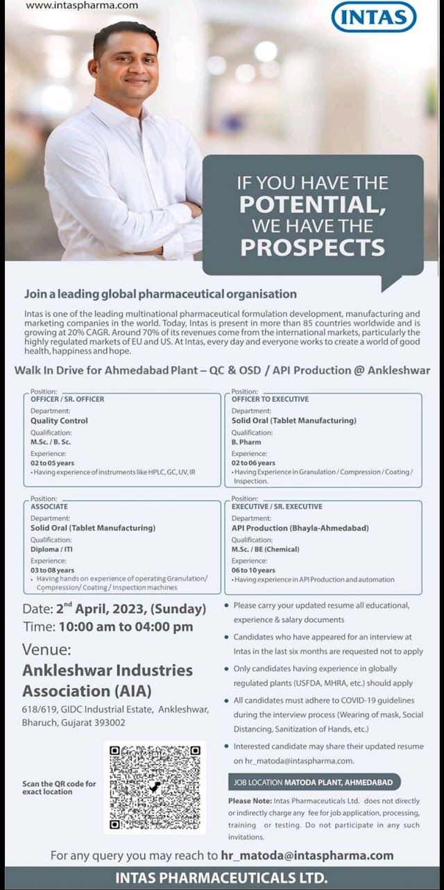 Intas Pharmaceuticals | Walk-in Interview at Ankleshwar for Ahmedabad Location on 2nd April 2023